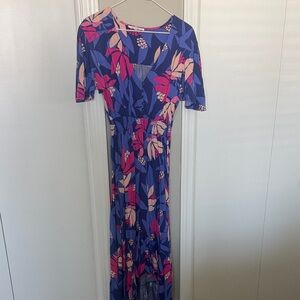 Vibrant Floral Maxi Dress in Blue and Pink